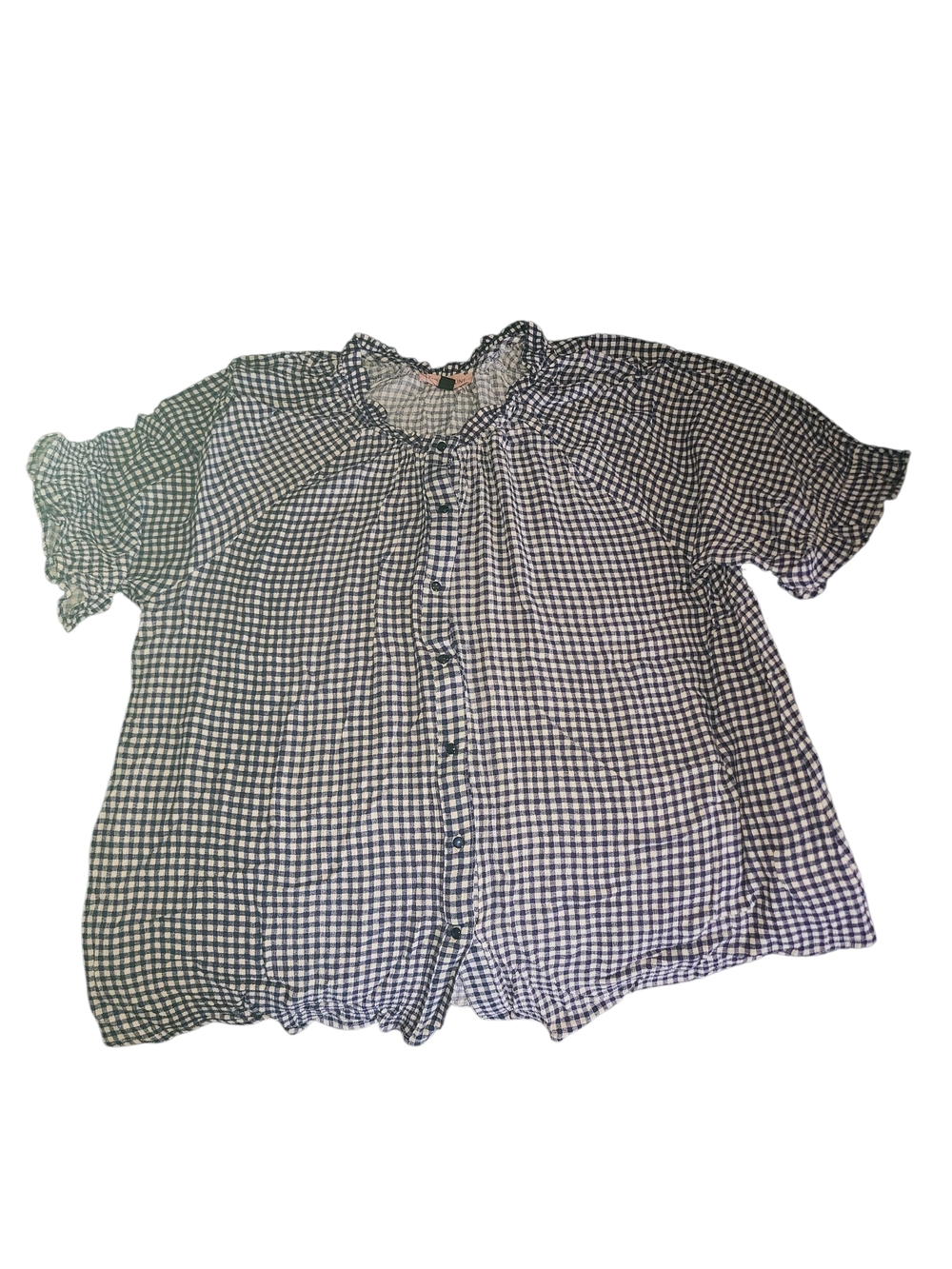 Blue & White Gingham Ruffle-Neck Button Front Blouse